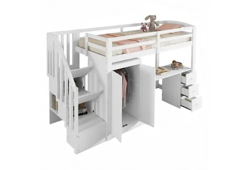 xixiworkshop Kinderbett 90x200cm mit Stauraum - Praktisches Hochbett mit vielseitigem Stauraum: 2 offene Fächer, Schrank und 3 Schubladen für Ordnung. Sicherer Rausfallschutz und stabiler Holzrahmen für langanhaltende Sicherheit – ideal für jedes Kinderzimmer.