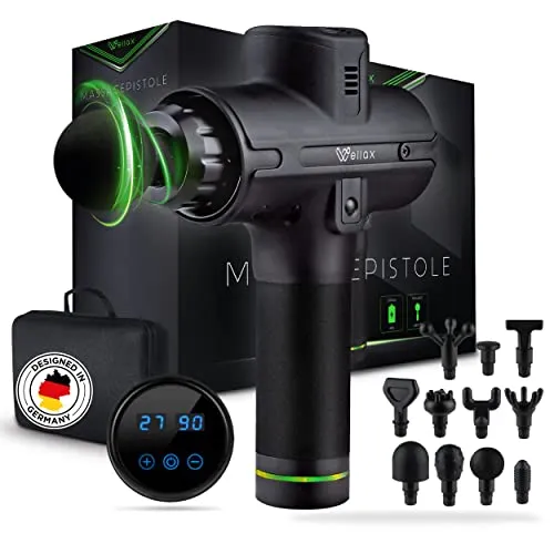 Wellax Massagepistole Version 2024 - Leistungsstarke Massage Gun mit 11 Aufsätzen, 20 Geschwindigkeitsstufen und LED-Touchscreen für optimale Entspannung