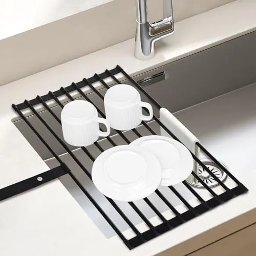 Euqvunn Abtropfgestell Geschirr, Faltbare & Abnehmbare Geschirrabtropfgestell für Spüle, Abtropfmatte Geschirr Abtropfständer, mit Silikonrändern und Haltegurt, Küchen Organizer, 51x32 cm, Schwarz