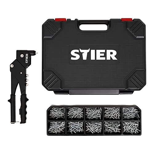 STIER Blindnieten-Satz Premium mit 360°-Handnietzange - Nietwerkzeug-Set mit 501 Teilen, inklusive ergonomischer Handnietzange und 4 wechselbaren Mundstücken für optimale Kraftübertragung und Flexibilität beim Nieten.