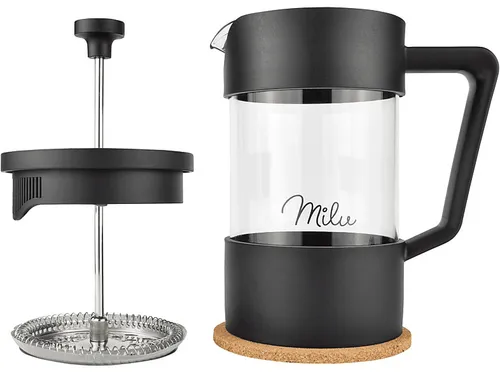 Milu French Press Kaffeebereiter 1000ml | Bruchsicheres Glas für perfekten Kaffee - Kaffeepresse für Zuhause & unterwegs, inkl. Untersetzer und Ersatzfilter. Cleveres Filtersystem für aromatischen Kaffee ohne Kaffeesatz. Ideal für Kaffee, Tee und mehr!