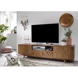 TV-Board Akazie Lowboard Holz Moasik Muster Retro - TV-Möbel & Schrankwände – Stilvolles Lowboard aus massivem Akazienholz mit einzigartigem Holzmosaik-Muster im Retro-Stil, ideal für ein gemütliches Wohnzimmer.