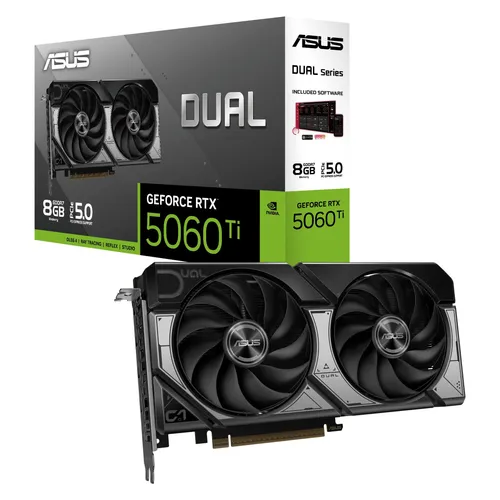 ASUS DUAL-RTX5060TI-8G GDDR7 - Leistungsstarke Grafikkarte für Gaming - ASUS DUAL-RTX5060TI-8G GDDR7 mit 8 GB, PCI-E 5.0, 3x DP und 1x HDMI. Ideal für flüssiges Gaming und grafikintensive Anwendungen. Kompakte Bauweise für einfache Integration.