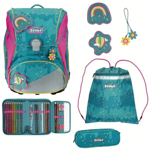 Scout Alpha Movie Star Schulranzen-Set 5-teilig - Ergonomischer Schulranzen mit höhenverstellbarem Tragesystem und reflektierenden Flächen für optimale Sichtbarkeit. Set beinhaltet Ranzen, Sportbeutel, gefülltes Federmäppchen und mehr.