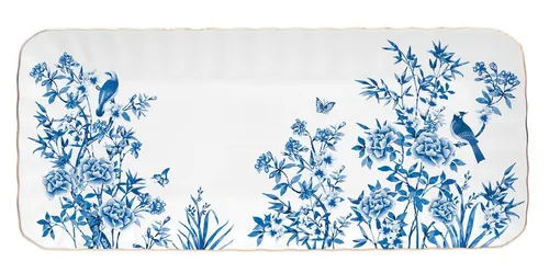 EasyLife Servierplatte Paradise Garden - Servierplatte aus Porzellan mit bunten Blumen- und Vogelmotiven, ideal für Kastenkuchen, in eleganter Geschenkbox - Maße: 37x16cm, Höhe 2cm, mit Goldrand.