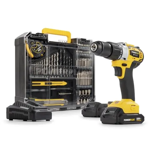 Akku-Bohrmaschine Powerplus POWX00850 mit Schlagschrauber - Akkuschrauber mit 3 Funktionen - Schrauben, Bohren, Schlagbohren. Ideal für Holz und Metall, 2 Geschwindigkeiten, 23 Drehmomentstufen und umfangreiche 78 Teile Zubehör.