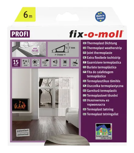 Fix-o-moll Thermoplast-Dichtung 6m x 9 x 7 mm - transparent - Hochwertige Thermoplast-Dichtung für Fenster und Türen. Ideal zur Reduzierung von Zugluft bei Spaltenbreiten von 1-7 mm. 100% recyclebar und in transparenter Farbe.