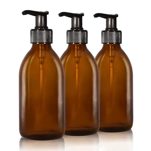 Oputec 3 x 250ml Seifenspender aus Glas: Extra sparsam bis -70% - Shampoo Flaschen zum Befüllen als Handseife-Spender, Pumpspender, Pumpflasche aus Braunglas für Küche & Badezimmer