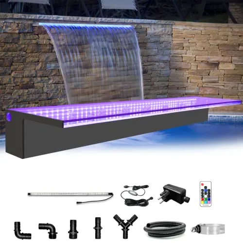 LONGRUN Pool Wasserfall Bachlaufsets mit LED-Farbwechsel - Brunnen & Kaskaden, dekorativer Wasserfall aus hochwertigem Acryl mit RGB-LED-Beleuchtung und zwei Installationsmethoden für einen eleganten Garten.
