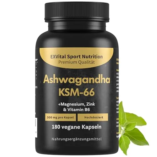 Ashwagandha KSM-66® 600 mg pro Kapsel von EXVital - Nahrungsergänzungsmittel mit 600 mg Ashwagandha KSM-66® pro Kapsel, vegan und ohne Zusatzstoffe. Ideal für eine optimale Versorgung mit Magnesium, Zink und Vitamin B6.