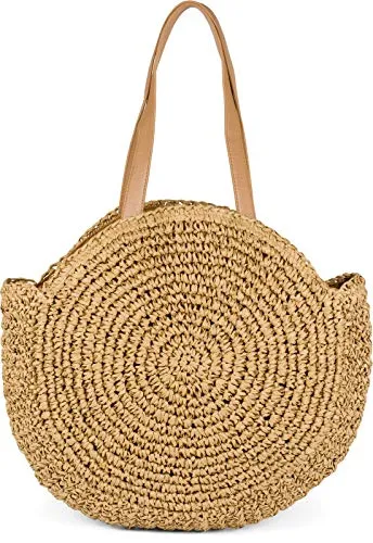 styleBREAKER Runde Damen Basttasche - Geflochtene Korbtasche für Strand & Alltag - Damen-Schultertaschen mit Boho-Charme und großem Hauptfach mit Reißverschluss. Ideal für Strand, Stadt und Alltag - geräumig und sicher für deine Essentials.