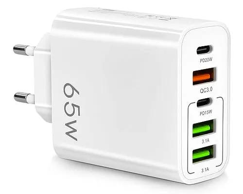 Multi-Ladegerät 65 W, 5 USB-C-Anschlüsse, QC3.0, USB-C-Adapter PD20 W, Multi-Ladegerät, schnelleres und sichereres Laden. Kompatibel mit Allen Mobiltelefonen, einschließlich Samsung, Xiaomi