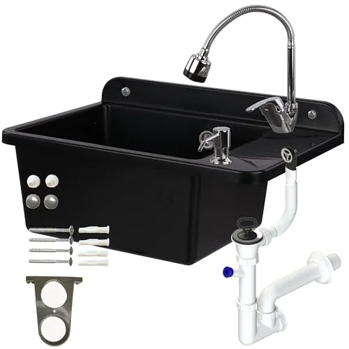 Schwarz Granit Ausgussbecken 51 cm mit beweglicher Armatur - Hochwertiges Ausgussbecken aus Polystyrol, 360° drehbare Mischbatterie und hygienischer Seifenspender. Ideal für Hauswirtschaftsräume, Werkstätten und Garagen.