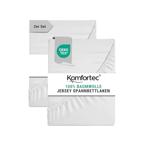 Komfortec Spannbettlaken Jersey 2er Set 100% Baumwolle – 200x200 cm – Weich, Atmungsaktiv & Hautfreundlich – Mit Rundumgummi – Oeko-Tex Zertifiziert – Für Boxspring, Topper & Matratzen – Weiß