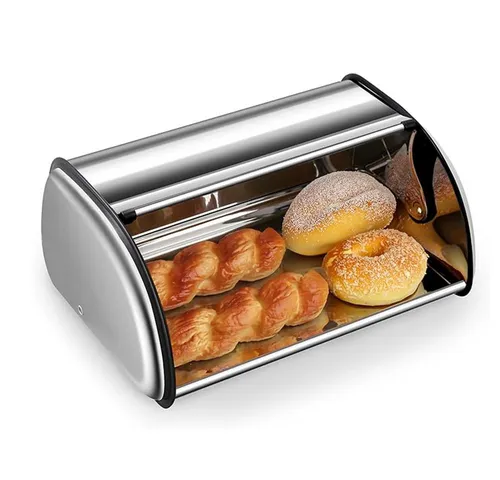 Ribelli Brotkasten aus Edelstahl, 45x28x19,5 cm - Brotkästen aus silberfarbenem Edelstahl, langlebig und elegant, ideal für die Aufbewahrung von Brot und Backwaren.