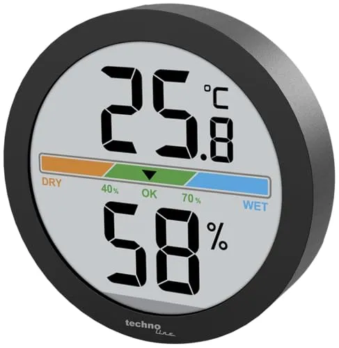 techno line WS9418 Mini Thermo-Hygrometer - Kompakte Raumklimastation mit präzisen Messungen von Temperatur und Luftfeuchtigkeit. Das moderne Design und die farbige Raumkomfortanzeige machen sie zum idealen Begleiter für Ihr Zuhause.
