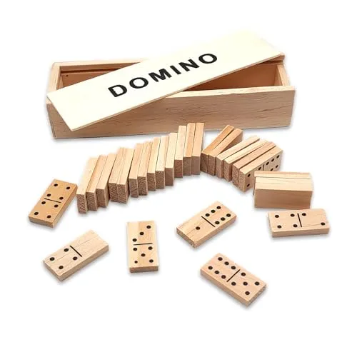 Kleines Domino-Set aus Holz für unterwegs – 28 Teile mit eleganter Box – klassisches Brettspiel für Erwachsene und Kinder – Spaß für Familien, Geschenkidee