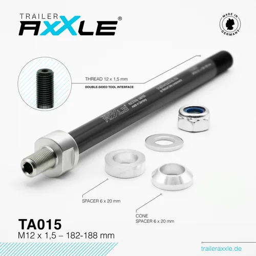 RADOXX Trailer AxXle TA015 Steckachse M12x1,5 - E-Scooter Zubehör – TÜV-geprüfte Steckachse für sichere Montage von Kinderanhängern, gefertigt in Deutschland aus hochfestem Aluminium für maximale Stabilität und einfache Handhabung.