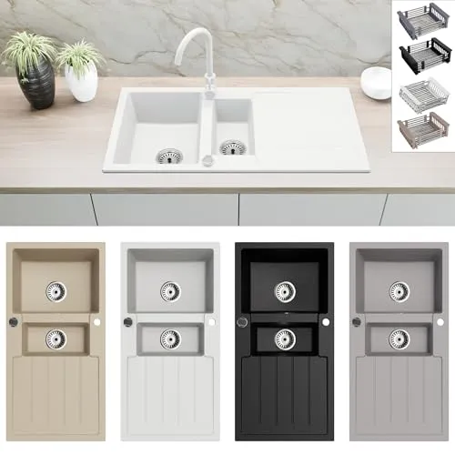 Faizee Home Granitspüle 100x50 cm Weiß - Becken, beidseitig montierbar und kratzfest, ideal für modernes Küchendesign mit Armatur, Spülkorb & Siphon-Set.