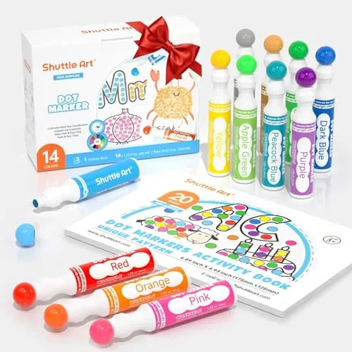 Shuttle Art 14 Farben Bingo Dabbers Stifte, Dot Marker auswaschbar für kinder(40ml) mit 20 einzigartigen Mustern von Activity Book für Kinder-Kunstaktivitäten, Baby Dot Stifte ungiftig auf Wasserbasis