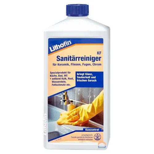 Lithofin KF Sanitärreiniger 1 Liter - Reinigungsmittel für hygienische Sauberkeit im Bad, entfernt Kalk, Rost und Seifenreste, hinterlässt frischen Glanz und angenehmen Duft.