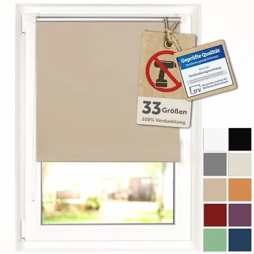 Blumtal Verdunkelungsrollo ohne Bohren 90x210cm - Thermorollo/Verdunklungsrollo 100% Verdunkelung - Klemmrollos für Fenster ohne Bohren - 4-lagiges Rollo UV-beständig - Seitenzugrollo Taupe