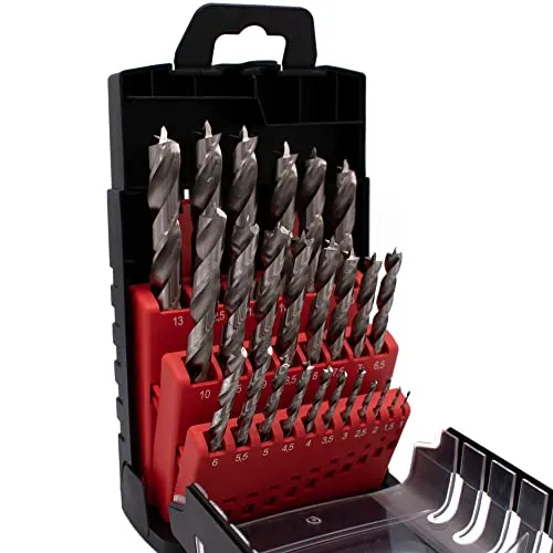 EQT HSS-G Holzbohrer Set 25-tlg 1-13mm in 0,5mm Schritten für Holz, MDF und Acryl