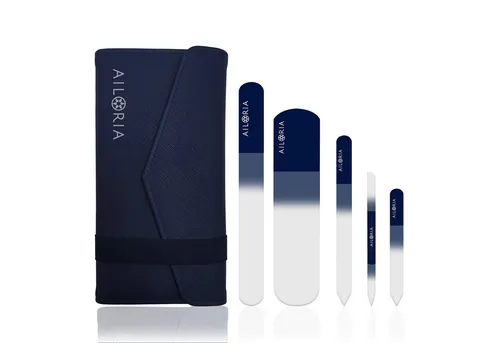 AILORIA Glasnagelfeile CONTOUR LUXE 5-tlg. Set - Nagelfeilen-Set mit 1 runder und 4 flachen Glasfeilen im Etui mit Spiegel, ideal für präzises Formen und Pflege von Natur- und Acrylnägeln, schonend für brüchige Nägel.