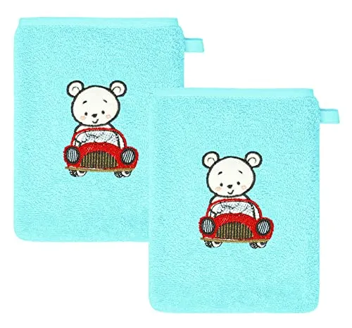 Lashuma Flauschige Waschhandschuhe Bestickt mit Auto 15x21 cm, Kleine Babyhandtücher blau, Babytücher Set weich