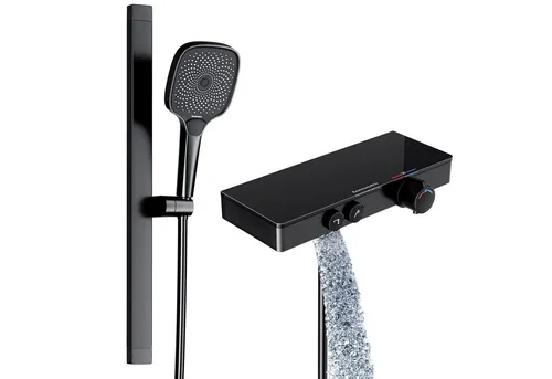 Rainsworth Duschsystem mit Thermostat und Glasablage - Brausegarnituren mit 3 Strahlarten und selbstreinigenden Antikalk-Düsen für ein komfortables Duscherlebnis. Die elegante matte Schwarz-Optik verleiht Ihrem Bad einen modernen Touch.