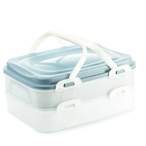 Kuchen Transportbox & Cupcake/Muffin Transportbox - 2 Etagen Partycontainer - Kuchenbehälter mit 2 Etagen und Hebeeinsatz, ideal für Partys und Veranstaltungen. Aus robustem Polypropylen, spülmaschinenfest, in eleganter Blau-Optik.