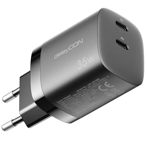 deleyCON Ladegerät USB C (2 Port - 35W Schnellladegerät) USB-C Netzteil für iPhone 17/16/15/14/13/12/11 iPad Galaxy S25/S24/S23 Pixel Handy PD 3.0 Charger - Schwarz