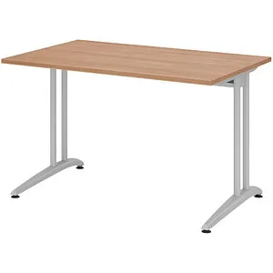 Hammerbacher Schreibtisch B-Serie 120cm, nussbaum/silber - Kinderschreibtisch mit stabilem C-Fußgestell und integriertem Kabelkanal für Ordnung im Home Office oder Kinderzimmer. Ideal für ergonomisches Arbeiten.