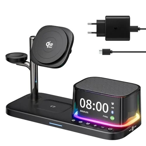 45W for Apple MagSafe Charger Stand 5 in 1, Qi2.2 25W Magnetic Wireless Charger Fast Charging Station, Alarm Clock Speaker Night Light, Charging Dock for iPhone 17 16, 5W Apple Watch 11 Ultra
