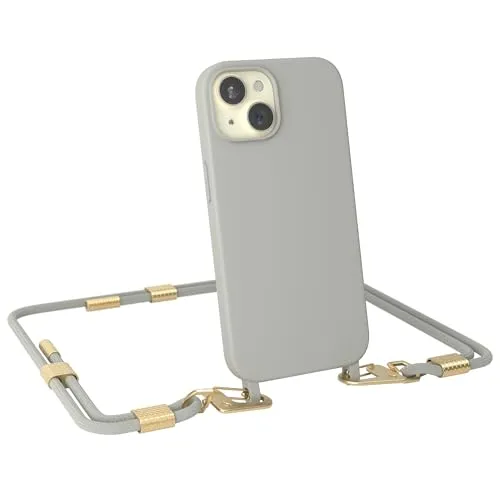 EAZY CASE - Handykette mit Karabiner kompatibel mit iPhone 15 - Hülle Silikon Fallschutz Handyhülle für iPhone 15 Kette zum Umhängen Schutzhülle mit Mikrofaser in Taupe - Clips Gold