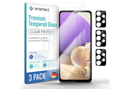 smartect Displayschutzglas Schutzglas Panzerfolie Klar für Galaxy A32 5G, Set, 3 Stück, (Display + Kamera) Schutzfolie Glasschutz