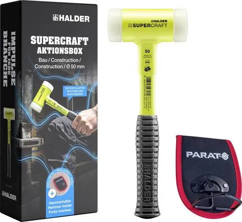 HALDER SUPERCRAFT Aktionsbox Bau Schonhammer Ø 50 mm - Hämmer: Rückschlagfreier Schonhammer mit ergonomischem Gummigriff für kraftvolle, gelenkschonende Schläge. Inklusive PARAT Hammerhalter für optimale Handhabung und schnelle Auffindbarkeit durch gelb-fluoreszierende Pulverlackbeschichtung.