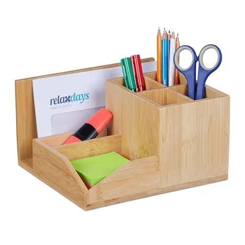 Relaxdays Schreibtisch Organizer, Bambus 7 Fächer, für Stifte, Dokumente, HxBxT: 11 x 21 x 19 cm, Stiftehalter, Natur
