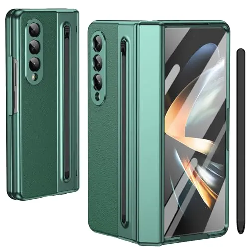 Für Galaxy Z Fold4 Fall mit Stift und Stift Slot, gehärtetem Displayschutz + Scharnier Schutz Leder Abdeckung für Samsung Galaxy Z Fold4-Grün
