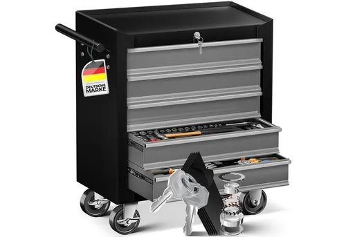 MASKO Werkstattwagen Profi Werkzeugwagen mit 5 Schubladen, abschließbar, massives Metall, 5 Fächer Grau, max. Traglast:150 kg, Rollwagen zur Werkzeugaufbewahrung mit Schloss & 2 Schlüssel