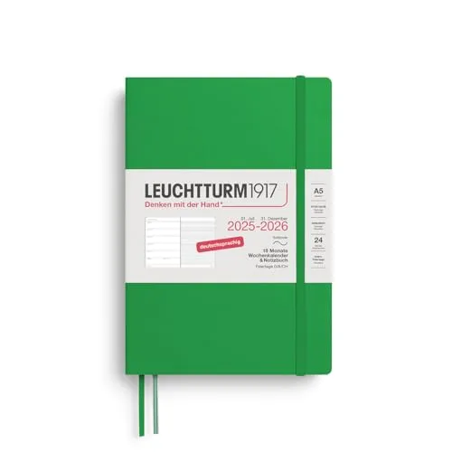 LEUCHTTURM1917 Wochenkalender & Notizbuch Medium A5 2026 - 18 Monate Planungszeit, Softcover, ideal für Notizen und Termine, mit praktischen Extras wie Lesezeichen und Falttasche, auf hochwertigem FSC-Papier.