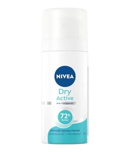 NIVEA Dry Active Deo Spray Mini 35 ml - Deo ohne Ethylalkohol für 72h Anti-Transpirant-Schutz, antibakteriell mit Dual-Active-Formel für ein frisches, trockenes Gefühl.