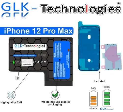 GLK-Technologies Akku für iPhone 12 Pro Max A2342 - Handy-Akku mit 4310mAh, idealer Ersatz für lange Nutzung und inklusive 2x Klebebandsätze für einfache Installation.