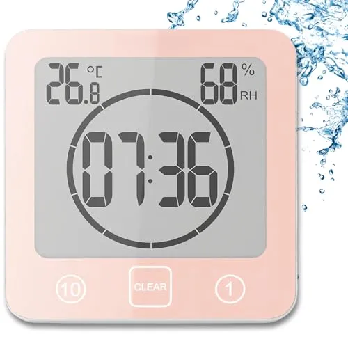 YiChZhe Badezimmer Wecker Badewannentimer‌,Wasserfest Digitale Badezimmeruhr, Baduhr Duschtimer mit Hygrometer und Thermometer,LCD-Display,Countdown Timer,für Dusche, Küche,Familienalltag-Rosa