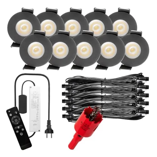 S-Polytec PREMIUM Mini LED- Einbauspots Kaltweiss 6.000K, DIMMBAR, IP65, FUNK 3W Einbaustrahler Terrassenüberdachung, Bad, Sauna mit Fernbedienung (ANTHRAZIT, 10x LED-SET (Kaltweiß))