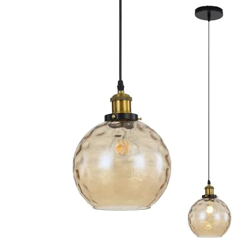 LFsem Klein Pendelleuchte mit 15cm Buntem Wirbelndem Glaskugel-Lampenschirm, Industrielle Vintage E27 Hängelampe für Küche, Esszimmer, Schlafzimmer und Wohnzimmer (Bernstein)
