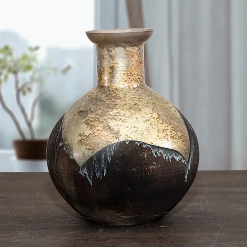 Kleine Blumenvase, Schwarz-silber, Kupferakzente, Blumenvase, Shabby Shic