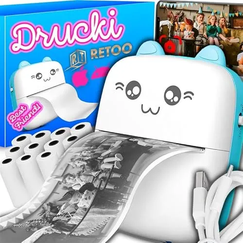 Retoo Mini Drucker mit 11 Rollen Druckerpapier, Mobiler Fotodrucker, Tragbarer Mini Foto drucker, Wireless Fotodrucker Thermodrucker, Smartphone Bluetooth Drucker für Liste Journal