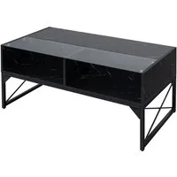 Costway LED Couchtisch in Marmor Optik – Schwarz - Eleganter LED-Couchtisch mit anpassbarer Beleuchtung, geteiltem Design aus gehärtetem Glas und Kunstmarmor. Bietet reichlich Stauraum und Stabilität – perfekt für stilvolle Wohnzimmer!