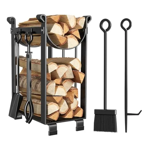 Amagabeli Kaminholzregal mit 4 Werkzeugen - Holzlager mit robustem Schmiedeeisen, ideal für Innen- und Außenbereich, bietet viel Stauraum für Brennholz und Kaminzubehör.